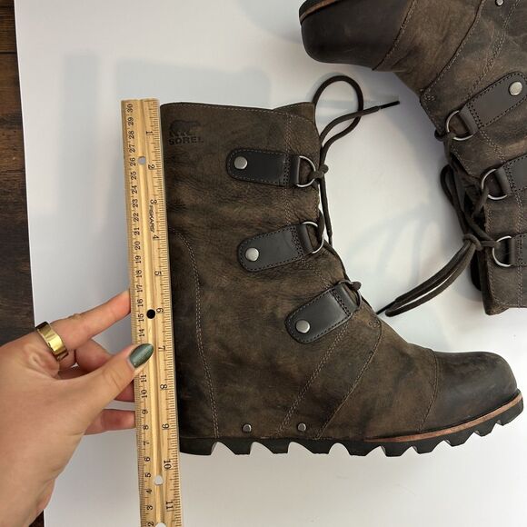 Sorel Womens Bootie Size 10 Dark Brown Joan Of Arctic Leather Wedge Boot Lace Up - Picture 3 of 12